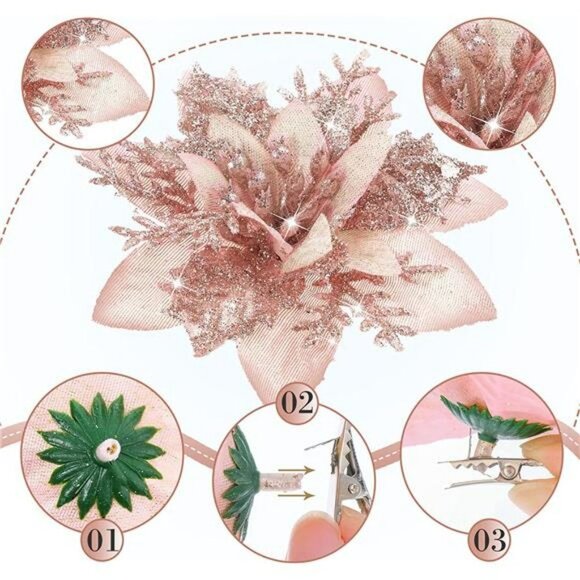 36 Pcs Artificial Poinsettia Flowers with Glitters Christmas Decors (Rose Gold) - Picture 1 of 7